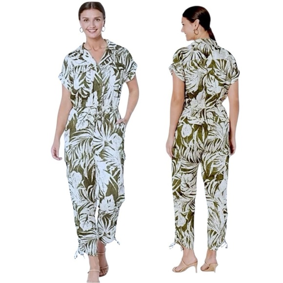 LAUREN RALPH LAUREN Safari Jumpsuit Palm Print Green/Cream Woman’s Size 16 NWOT - Picture 1 of 15